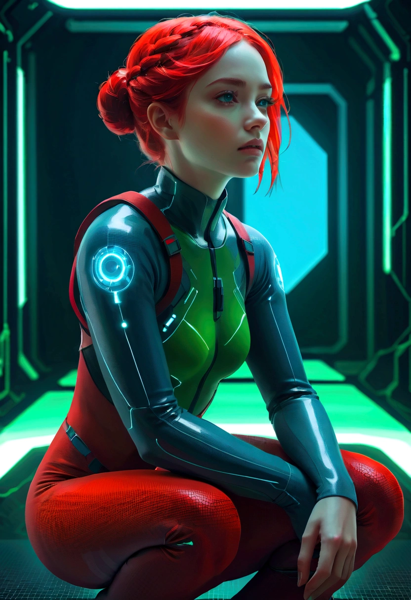 (Granular:0.5), Movie,girl, Negative Space, Serious, Delicate eyes, Delicate face, Detailed futuristic clothing, (Squat, looking off to the side:1.1), Volumetric Lighting, isolation, fear, Red bioluminescence detail, Green bioluminescence detail, Blue bioluminescence detail