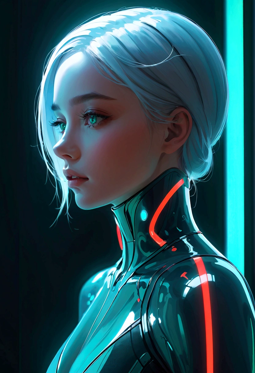 (Granular:0.5), Movie,girl, Negative Space, Serious, Delicate eyes, Delicate face, Detailed futuristic clothing, (Squat, looking off to the side:1.1), Volumetric Lighting, isolation, fear, Red bioluminescence detail, Green bioluminescence detail, Blue bioluminescence detail