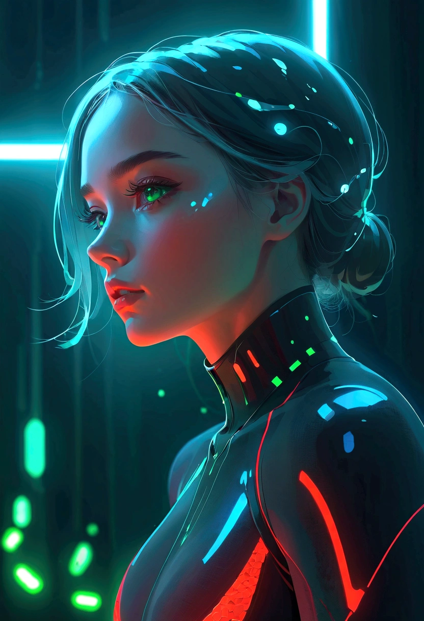 (Granular:0.5), Movie,girl, Negative Space, Serious, Delicate eyes, Delicate face, Detailed futuristic clothing, (Squat, looking off to the side:1.1), Volumetric Lighting, isolation, fear, Red bioluminescence detail, Green bioluminescence detail, Blue bioluminescence detail