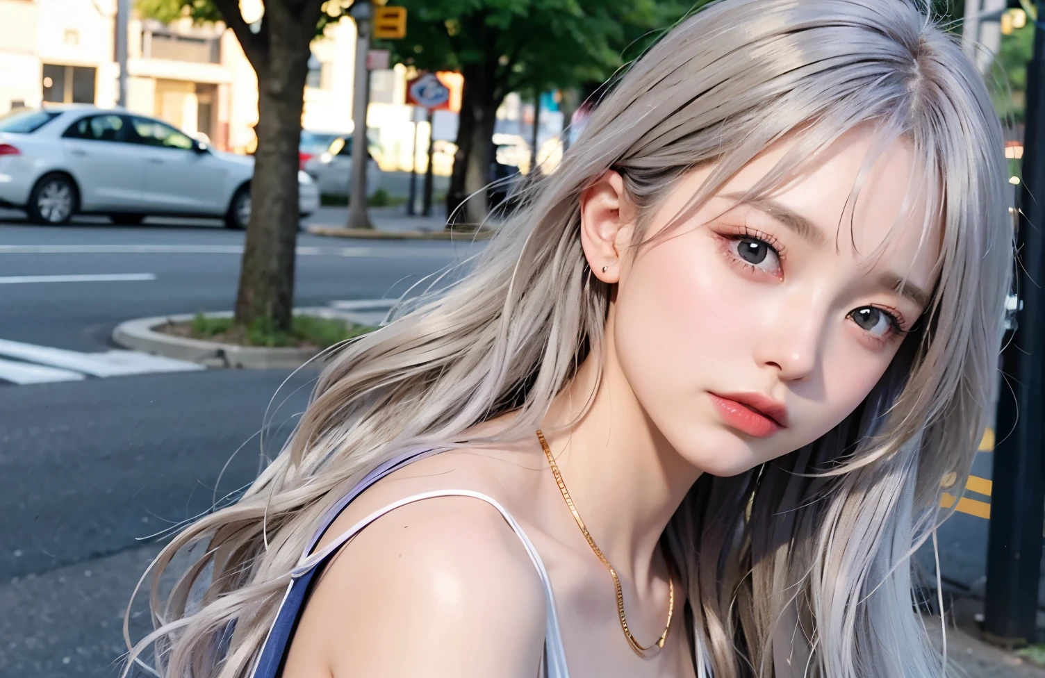 Her hair color is silver and gold、Long Hair, favorite , Beautiful, shining eyes, Stars in my eyes,Crystal clear eyes、Natural color lip、Street Snap、20-year-old、Natural color lip、8K、Highest quality、flat chest、blue eyes、tシャツにジーンズ、twilight