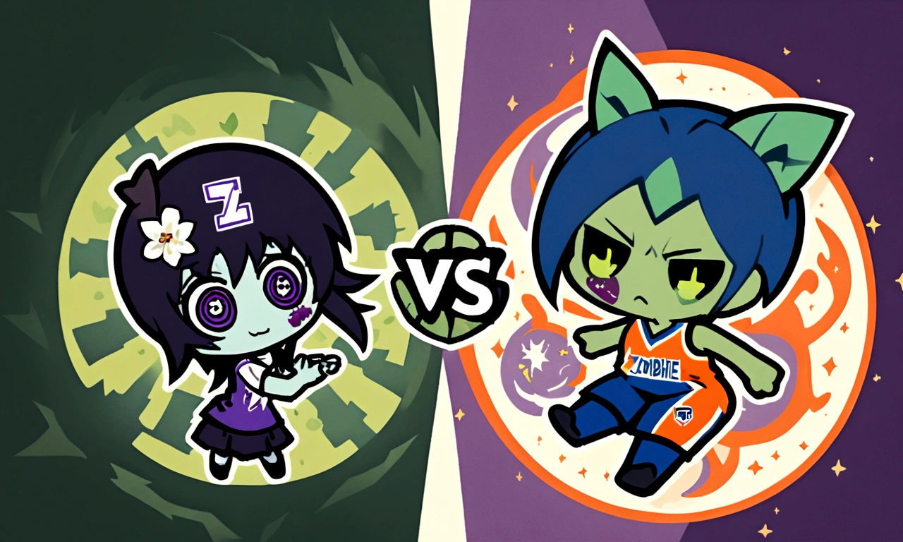 logomkrdsxl, Two sports team logos, logo of a cute anthropomorphic flower girl vs. logo of a cute zombie