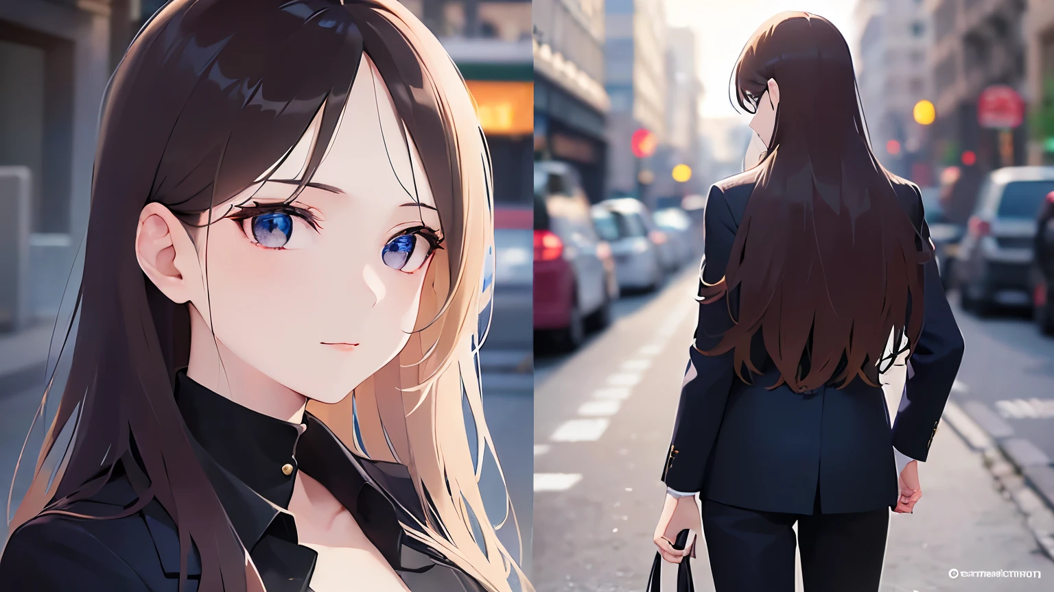 (from behind:1.5),Upper Body, Realistic, real person, (pale skin: 1.2), RAW photo, photorealistic, shiny skin, shiny hair、(35 year old woman with medium length hair) and (wavy hair) and (brown hair) ,(Wearing a black suit jacket)、Turning his back