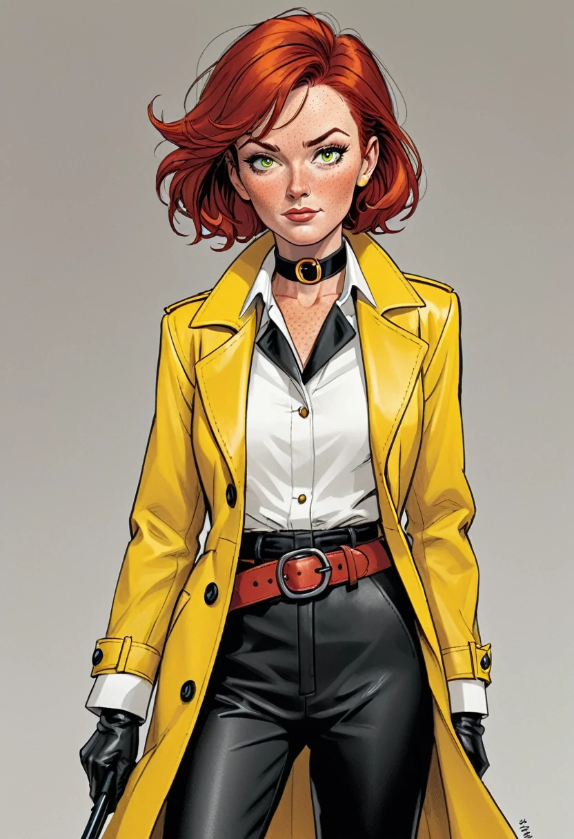 Describe a 60-year-old woman with short red hair, Marked by time on your face and mean eyes. She wears a formal outfit consisting of a white long-sleeved shirt with a collar., waist belt, black pants and boots, complemented by a yellow leather overcoat. Her discreet freckles add a distinctly cartoonish touch to her face., in a style that evokes comic book characters in a classic tone, NOTHING REALISM.
