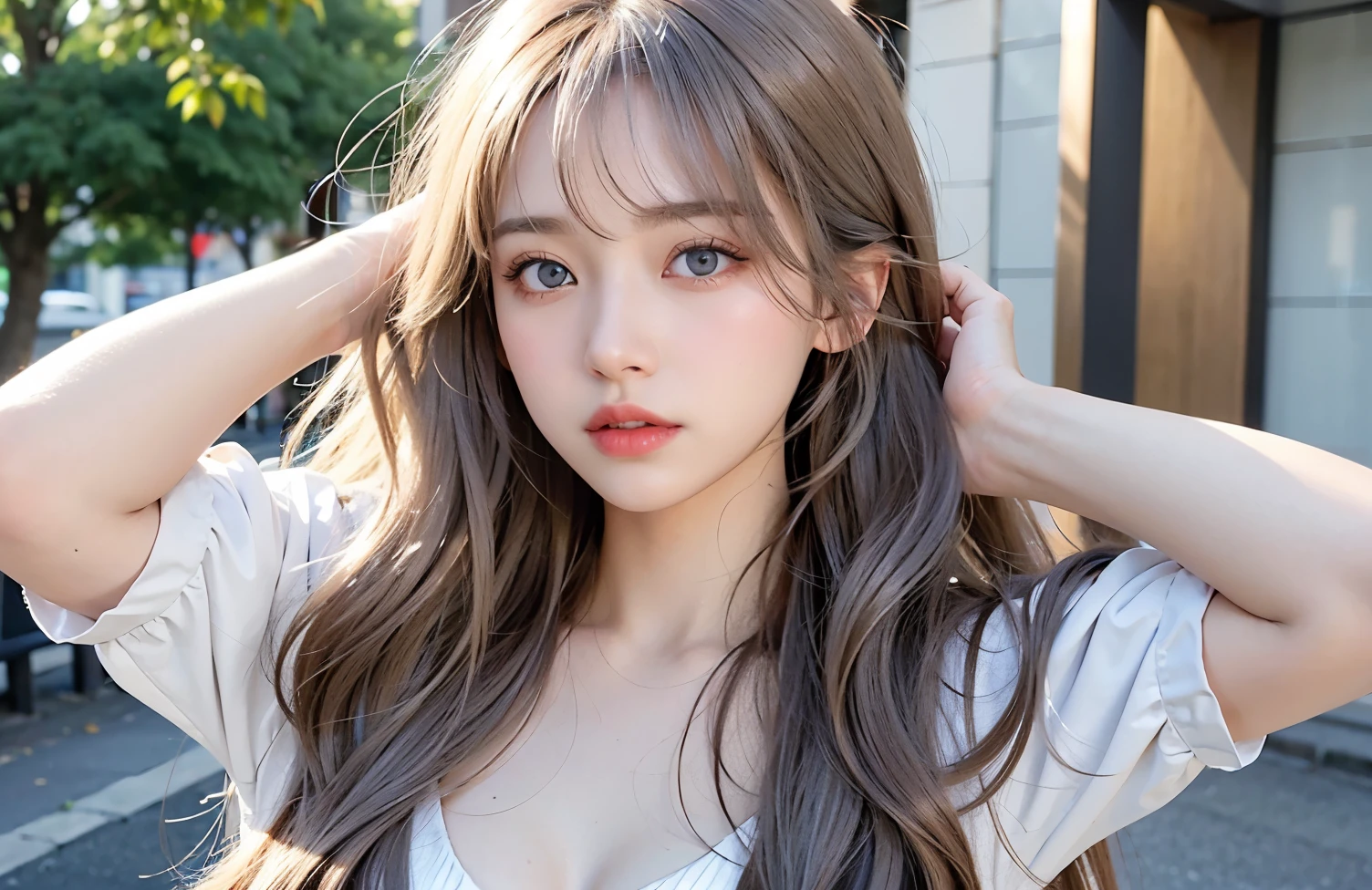 Her hair color is silver and gold、Long Hair, favorite , Beautiful, shining eyes, Stars in my eyes,Crystal clear eyes、Natural color lip、Street Snap、20-year-old、Natural color lip、8K、Highest quality、flat chest、blue eyes