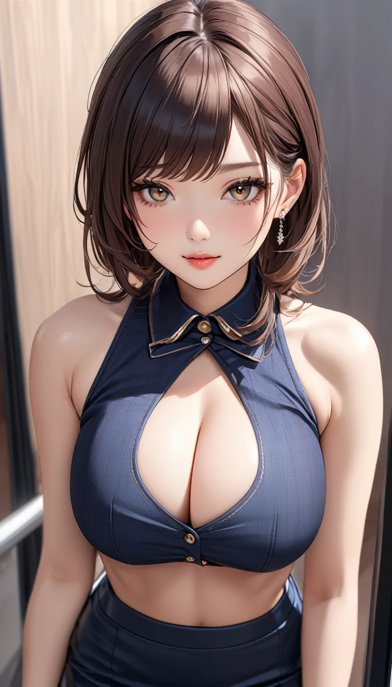 (((masterpiece))),(((High resolution)))、(((8K quality)))、(((perfect face)))、(((Korean idol))), ((sleeveless)), (((mini pencil skirt))), look at the camera, ((top quality eyes)), detailed face, (detailed texture), look at the camera, big tits