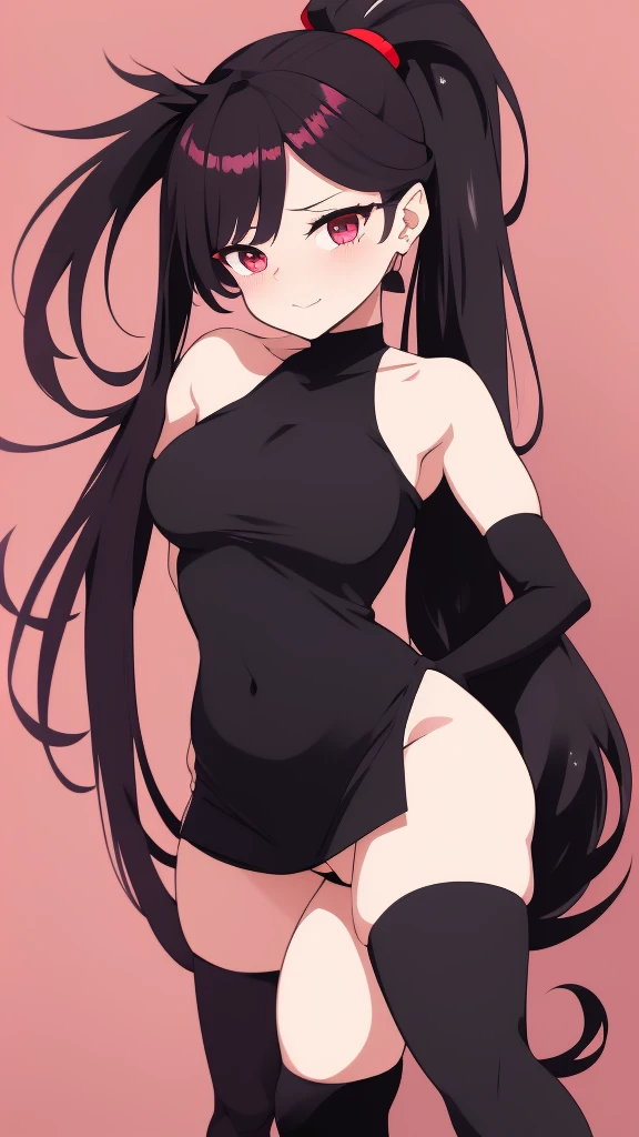 high tail hairstyle, Ponytail hairstyle, Long wavy black hair, standing posing, anime girl style, pixel art anime style,penetrating look with deep eyes,red and purple eyes, hair with a ponytail hairstyle trapped with a big red bun, Women, red hair clips, x color shaped hair clips , smiling face blush,