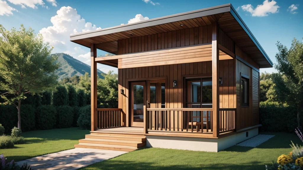 modern house flat roof, among the meadows,hill backdrop, daytime