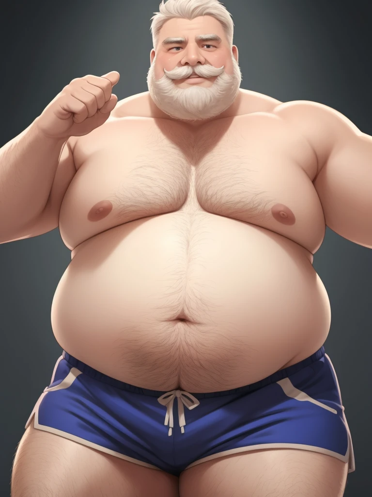 a smiling obese old man, chubby, big fat, detailed realistic portrait, 8k high resolution, topless, sumo physique, perfect center, full view, realistic skin texture, wrinkled face, short hair, thick mustache, white hair, bearded, jovial expression, huge belly, fat, wearing shorts, high detail, masterpiece, (best quality,4k,8k,highres,masterpiece:1.2),ultra-detailed