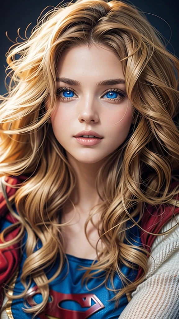 The character Supergirl, extremely beautiful face, perfect red and blue costume, traditional "S" ,, extremely beautiful blue eyes, perfect blond hair, smooth curves...