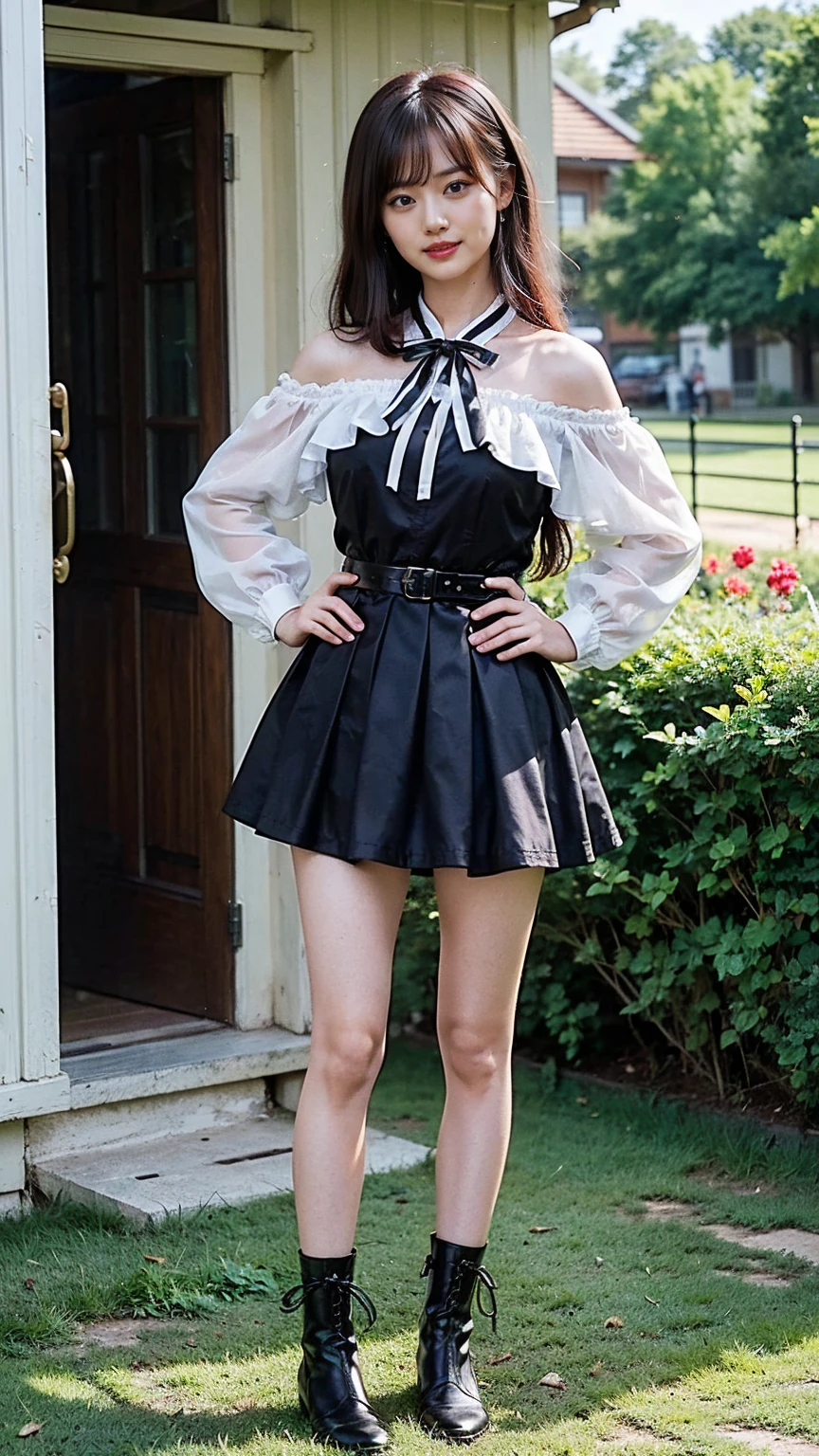 (8K、RAW Photos、Highest quality、masterpiece:1.2)、(Realistic、Realistic)、1 Girl、((mini skirt、Black and white、Thin legs、whole body、boots、Clothes with ribbons、Anime Costumes、Chest ribbon、Off the shoulder、See-through、Frills、garden、smile、View from the front、Ribbon on chest、Looking into the camera、belt、Stand with hands on hips))、