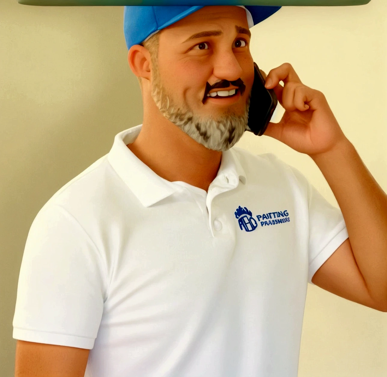hotograph of a male interior designer, wearing a white polo shirt with the words "HD PAINTING embryo" on it and colorful shorts that match his t-shirt, standing in front of a camera pointing at a brand logo embroidered onto a hat he is holding. The background should be a plain white. He has short hair with beard stubble and wears glasses. His face shows happiness as if celebrating something big or getting good news about the paint company's business.
