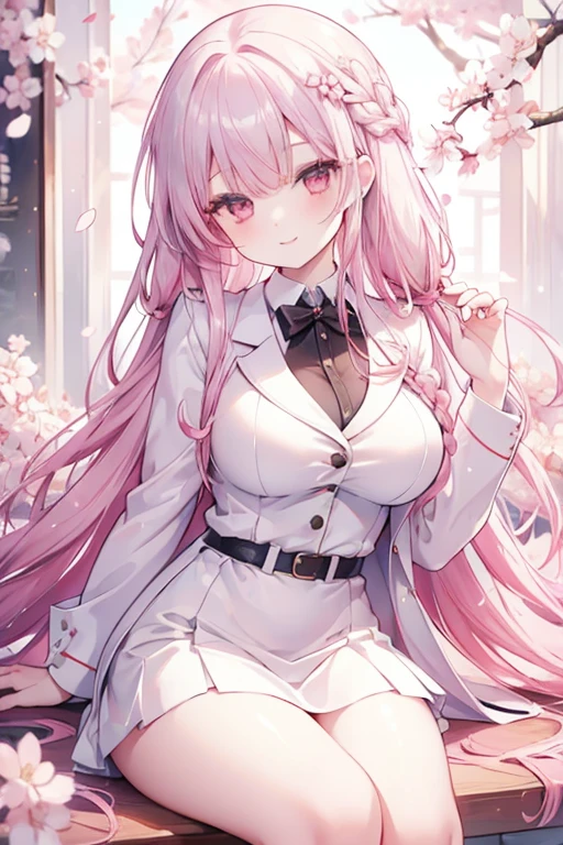 young girl, red silver hair, pink eyes,beautiful and detailed eyes, big breasts, long hair,european braid hairstyles, happy smile, White shirt,white blazer, black mini skirt, (cherry blossom garden )