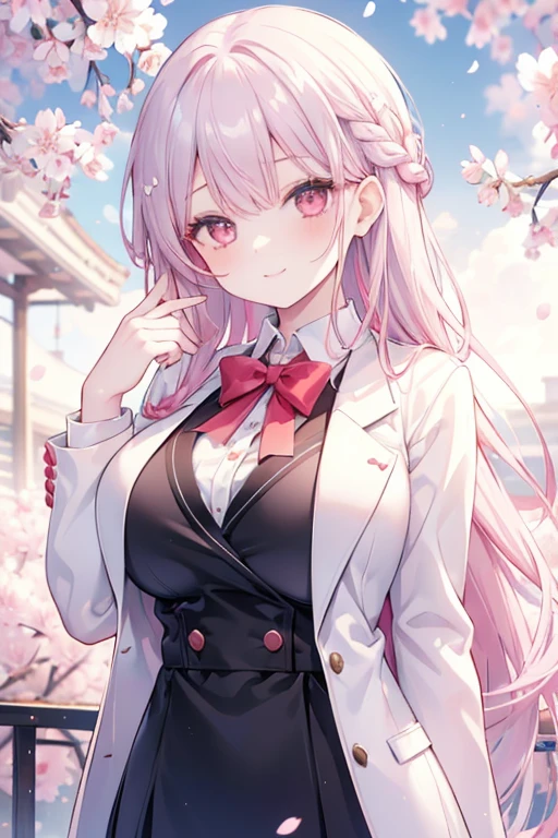 young girl, red silver hair, pink eyes,beautiful and detailed eyes, big breasts, long hair,european braid hairstyles, happy smile, White shirt,white blazer, black mini skirt, (cherry blossom garden )