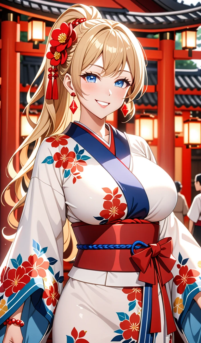 ((one girl)), hyper detailed, absurdres, 8K,Cute face, Beautiful Face, (Laugh shyly), ((teasing smile:1.8)), ((Wink:1.8)), (Laugh with your mouth wide open),(Tilt your head:1.3), View your viewers, ((Bright red cheeks:1.6)),Glossy Red Lips, ((Big Breasts:1.5)) night, Shrine festival stalls, (Brighten your face), ((Anime style background)),masterpiece, Highest quality, so beautiful,Latest, Complex details, (Pink long nails), (nail art), (ring),(bracelet), (Floral Choker),AI-generated, Complex,High resolution, Highest quality, super high quality,3D Images、3D Images,One person,Blonde long hair,(High Ponytail), (Wavy Hair), Anime woman posing for a photo, ((Fine grain、blue eyes、Shining Eyes:1.6)), (Squint your eyes:1.1),a hyperRealistic , hyperRealistic , Realistic,Long blonde anime woman, Smooth anime CG art, Pink large floral patternの刺繍が入った、A girl in a gorgeous kimono, ((White long-sleeved kimono)),(Pink large floral pattern) ,Long flower hair ornament,Floral Earrings,Mature Body, expensive,Abdominal muscles,Tight waist,((Zoom in on face:2.1)), (front view),