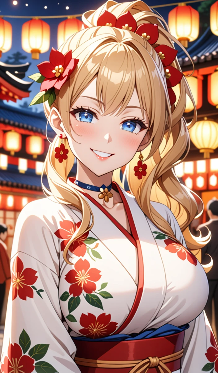 ((one girl)), hyper detailed, absurdres, 8K,Cute face, Beautiful Face, (Laugh shyly), ((teasing smile:1.8)), ((Wink:1.8)), (Laugh with your mouth wide open),(Tilt your head:1.3),  View your viewers, ((Bright red cheeks:1.6)),Glossy Red Lips, ((Big Breasts:1.5)) night, Shrine festival stalls, (Brighten your face), ((Anime style background)),masterpiece, Highest quality, so beautiful,Latest, Complex details, (Pink long nails), (nail art), (ring),(bracelet), (Floral Choker),AI-generated, Complex,High resolution, Highest quality, super high quality,3D Images、3D Images,One person,Blonde long hair,(High Ponytail), (Wavy Hair), Anime woman posing for a photo, ((Fine grain、blue eyes、Shining Eyes:1.6)), (Squint your eyes:1.1),a hyperRealistic , hyperRealistic , Realistic,Long blonde anime woman, Smooth anime CG art, Pink large floral patternの刺繍が入った、A girl in a gorgeous kimono, ((White long-sleeved kimono)),(Pink large floral pattern) ,Long flower hair ornament,Floral Earrings,Mature Body, expensive,Abdominal muscles,Tight waist,((Zoom in on face:2.1)), (front view),