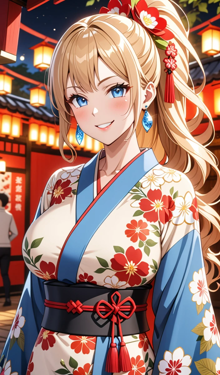 ((one girl)), hyper detailed, absurdres, 8K,Cute face, Beautiful Face, (Laugh shyly), ((teasing smile:1.8)), ((Wink:1.8)), (Laugh with your mouth wide open),(Tilt your head:1.3),  View your viewers, ((Bright red cheeks:1.6)),Glossy Red Lips, ((Big Breasts:1.5)) night, Shrine festival stalls, (Brighten your face), ((Anime style background)),masterpiece, Highest quality, so beautiful,Latest, Complex details, (Pink long nails), (nail art), (ring),(bracelet), (Floral Choker),AI-generated, Complex,High resolution, Highest quality, super high quality,3D Images、3D Images,One person,Blonde long hair,(High Ponytail), (Wavy Hair), Anime woman posing for a photo, ((Fine grain、blue eyes、Shining Eyes:1.6)), (Squint your eyes:1.1),a hyperRealistic , hyperRealistic , Realistic,Long blonde anime woman, Smooth anime CG art, Pink large floral patternの刺繍が入った、A girl in a gorgeous kimono, ((White long-sleeved kimono)),(Pink large floral pattern) ,Long flower hair ornament,Floral Earrings,Mature Body, expensive,Abdominal muscles,Tight waist,((Zoom in on face:2.1)), (front view),