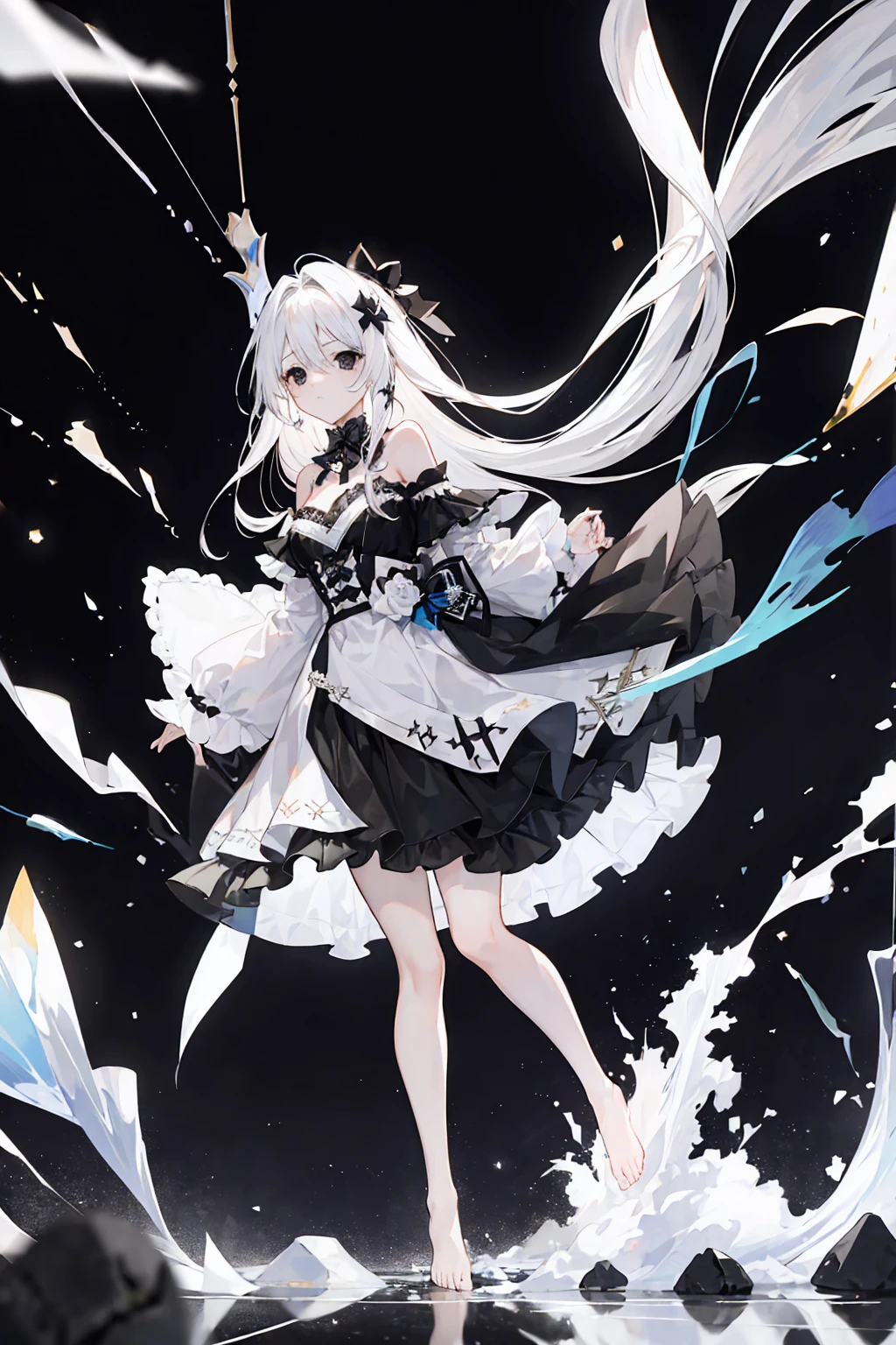 Light Gradient Hair,Asymmetrical hair,((Thick hair 1.8,Clear head outline 1.6)), Shoulder-length hair, Messy hair, Very long hair, Shiny hair,(Long white hair:1.2),A beautiful girl,(Luxury Platinum Mini ta,Made of transparent material),(Transparent clothes transparent 1.8),Perfect body,High,Slender,(Looks sad,Looks haggard、Looks haggard、Pale nipples ,Grief,shut your mouth:1.2) Against the background of an unusually bright dark starry sky,stand up(Put your hands behind you),(round, Large target, Firm breasts),barefoot,float,water surface,(Long Law,Long Law,Long Law,Complete),Full body image,(Black eyes:1.5)