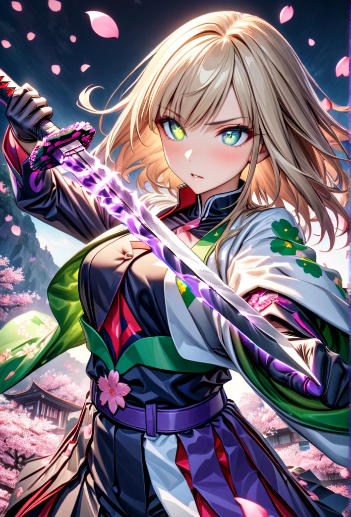 Ultra detailed, highres, absurd, HDR, masterpiece, mia Ubuyashiki, blond hair, blue eyes with a mixture of green yellow the pupil and darker blue on the outside, white haori with sakura flower patters, dark purple demon killer uniform, sakura petals, catching a sword, with kagaya, Japanese cherry blossom