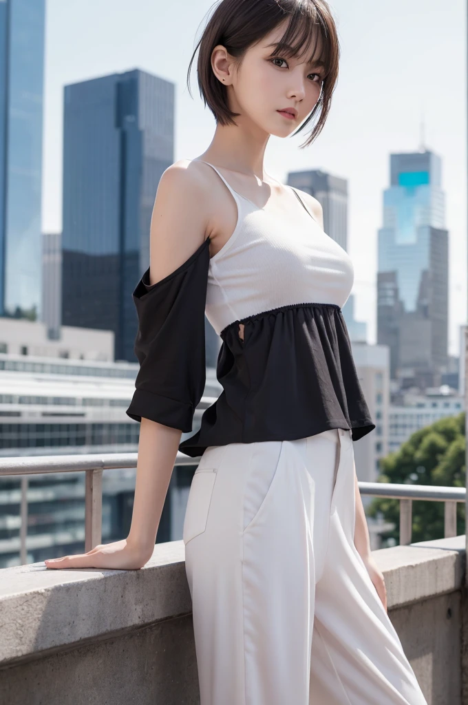 {{{Ultra Detail}}}, {{{realistic}}}, {{{depth of field}}}, full body, from side, head tilt, incredibly detailed, longuette, 1 girls, 30 years old, A man with has short black hair, spiked hair, light brown hair, beatiful detailed hair, Perfect face, Delicate arms and hands, slim legs, white skin, piercing, oversized clothes, large top sleeves, black trousers, open clothes, cityscape, delicate background, blurry background, an extremely delicate and beautiful, {{{wallpaper 8k CG}}}, {{{best quality}}}, {{{best masterpiece}}},