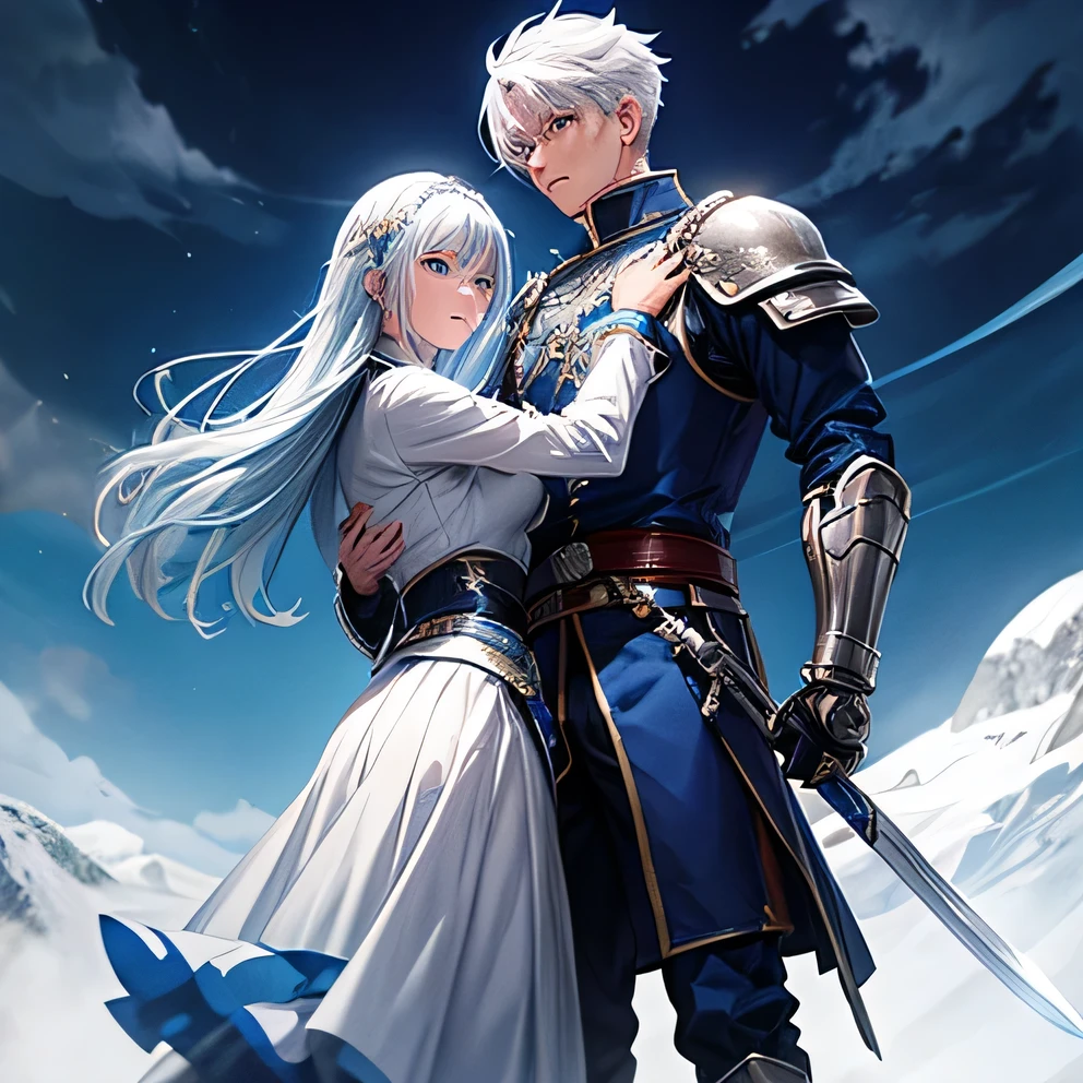 Two swordsmen consisting of a man with blue hair and a woman with white hair, blue moon background, blue armor with white motifs, standing on a mountain, fighting pose, holding each other&#39;s swords, fuul body, not disabled, very detail, 