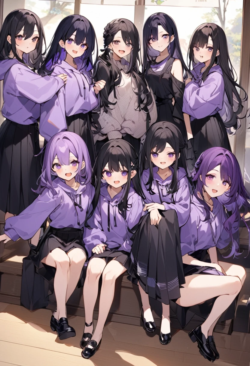 Keito。Purple hoodie。Black Skirt。Purple Eyes。Black Hair。Black shoes下。Black shoes。5-people兄妹。The eldest daughter has purple hair。5-people