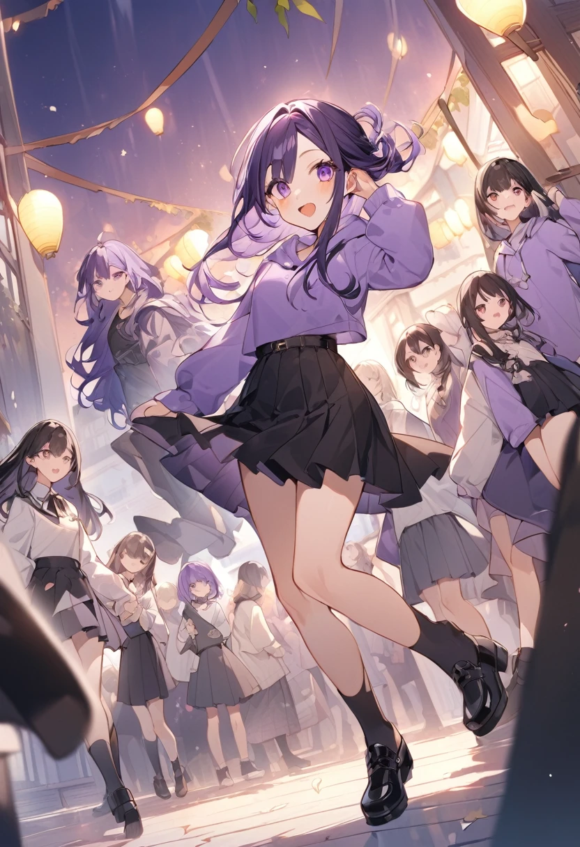 Keito。Purple hoodie。Black Skirt。Purple Eyes。Black Hair。Black shoes下。Black shoes。5-people兄妹。The eldest daughter has purple hair。5-people