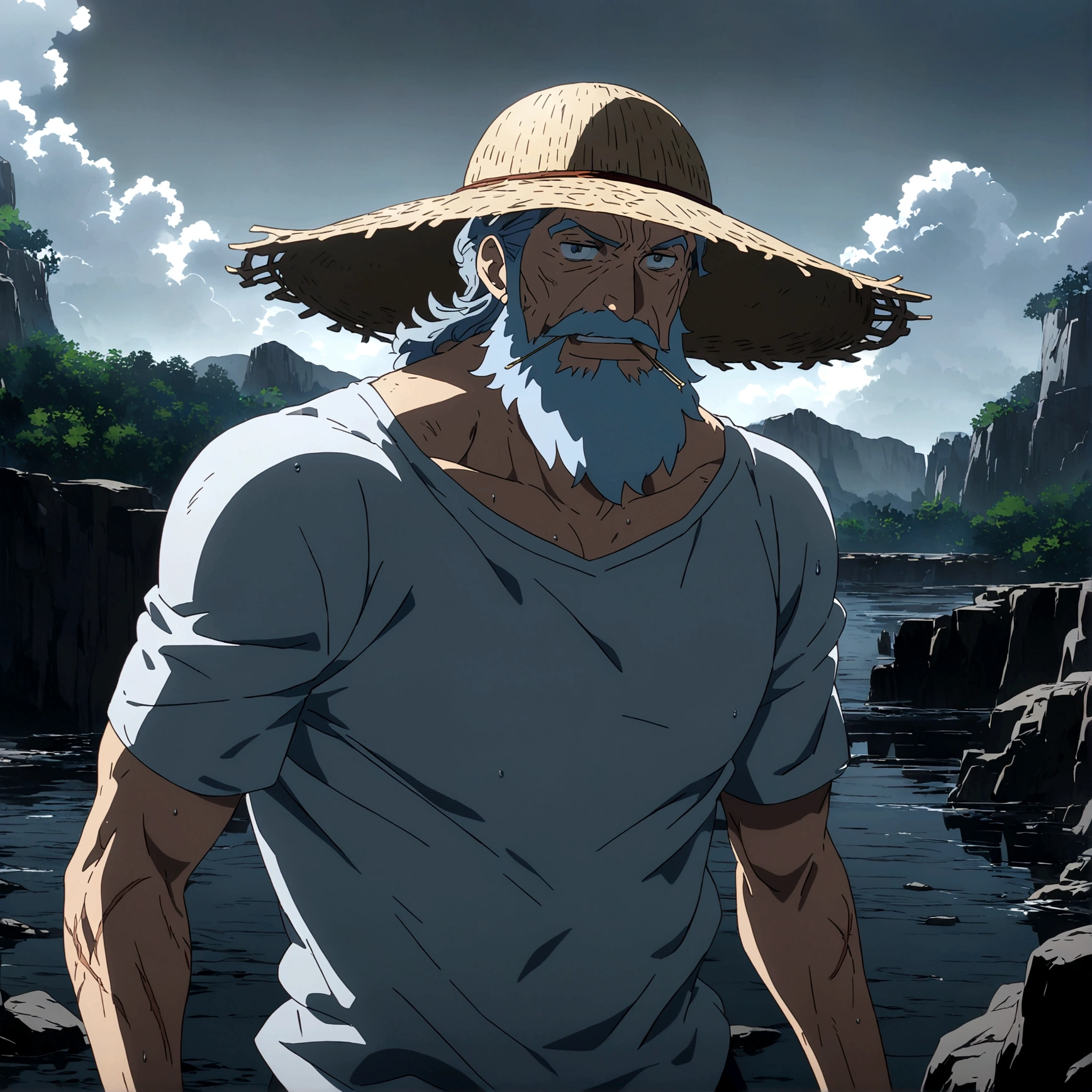 Old man, thin body with defined muscles, gray blue hair, gray beard, gray eyes, scars all over the body, open gray old t-shirt, lazy expression, straw hat on his head, toothpick in his mouth, holding a katana dripping blood, gray sky scenery, "Anime features inspired by One Piece, drenched in dramatic and incredible lighting, dramatic lighting, infused with creative details, ultra-fine 2D design, scenery bathed in creativity, bathed in creativity, boasting HD anime resolution clarity, HD anime graphics, high-octane rendering"
