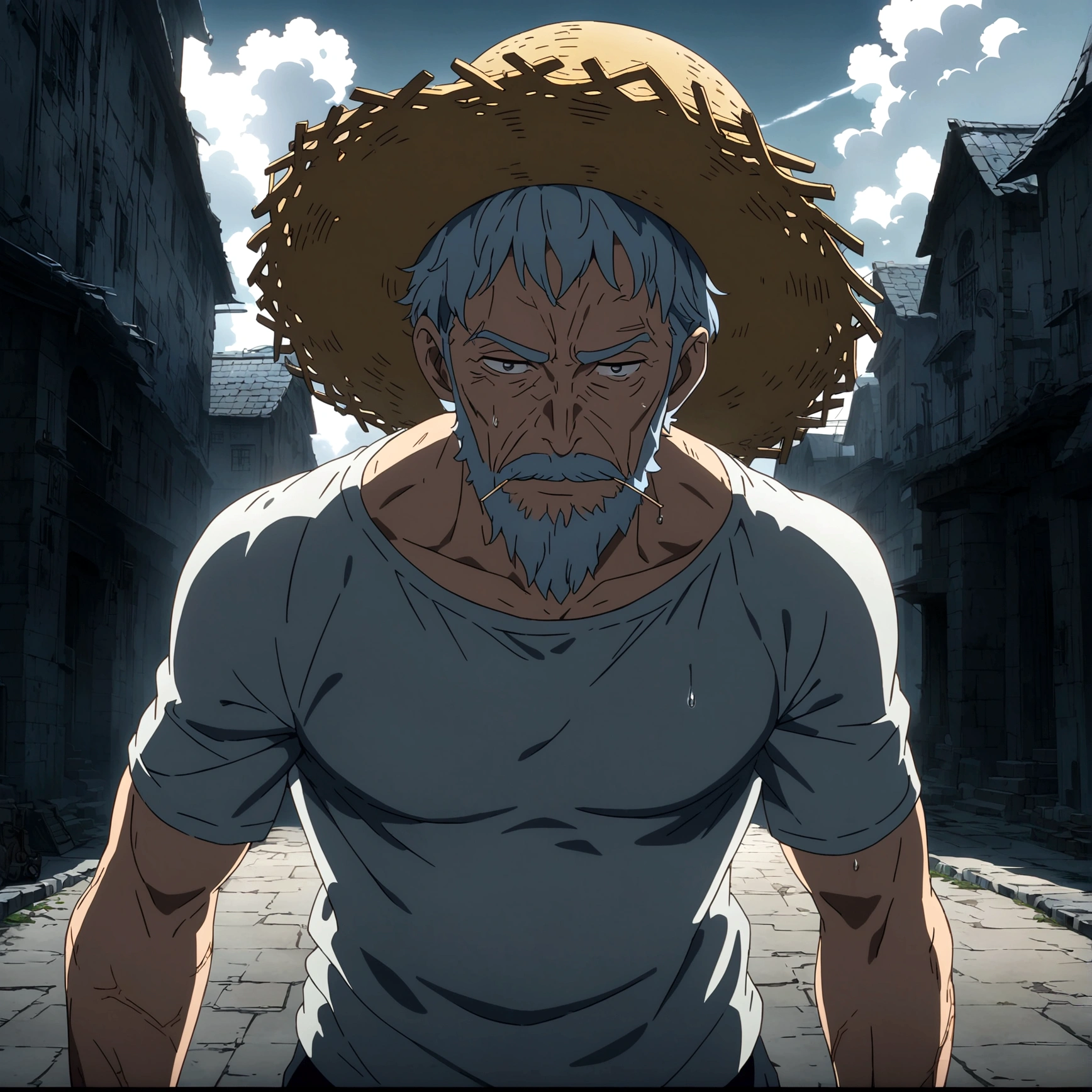 Old man, thin body with defined muscles, gray blue hair, gray beard, gray eyes, scars all over the body, open gray old t-shirt, lazy expression, straw hat on his head, toothpick in his mouth, holding a katana dripping blood, gray sky scenery, "Anime features inspired by One Piece, drenched in dramatic and incredible lighting, dramatic lighting, infused with creative details, ultra-fine 2D design, scenery bathed in creativity, bathed in creativity, boasting HD anime resolution clarity, HD anime graphics, high-octane rendering"