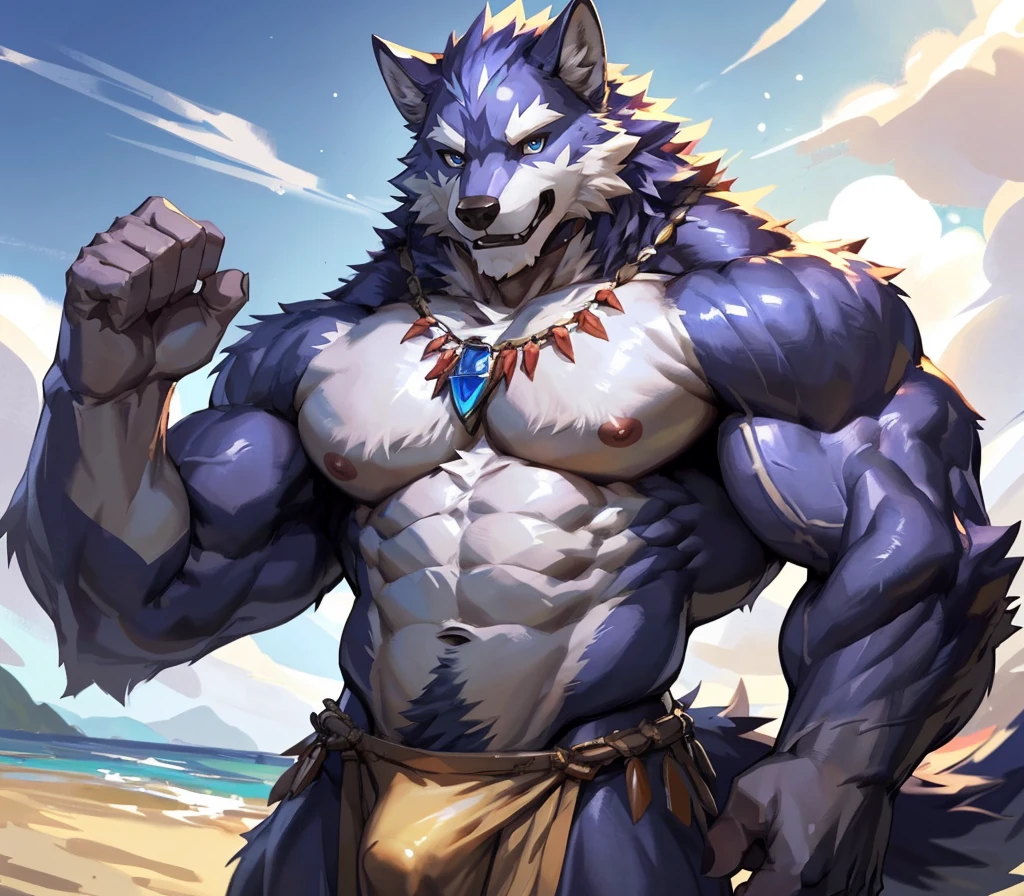 ((best quality)), ((masterpiece)), (ultra detailed), perfect face,(sharp eyes),sharp focus,japanese anime,manga,(by null-ghost,by traver009,by lindong,by pino daeni), (male antro wolf):2.0,((deep indigo fur)), ((white belly)), vertical white on forehead, sharp eye,ultra-detailed eyes, exquisite eyes, ((blue:0.1) eyes), ((wearing yellow loincloth):0.7, tribal clothing, with blue pattern):0.8,muscular male,sexy body, reflection, (Great physique),strong arms man,middle-age, strong, (((sfw:1.5))), ((abs, strong muscle, 8 pack)),(bulge), shirtless, claw, pink nipples, white fluffy chest hair,wearing random pattern necklace, (indigo wolf tail, long fluffy tail), handsome, majestic, Delicate canine teeth, hairy, male, by the beach,(full body), anime