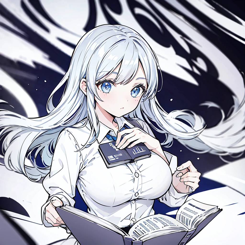 A girl,close up, wearing white shirt, reading a book, (best quality:1.3), (highres:1), (detailed:1.3), (incredible:1.3), (perfect:1.3), (perfection:1.3), (illustration:1.3), she's getting fun while reading it, dynamic on scene,Big Breasts