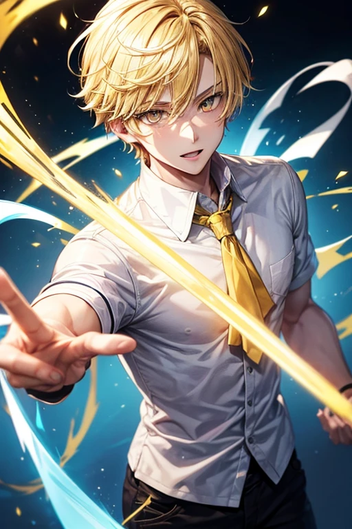 27-year-old boy with blonde hair and yellow eyes and wearing school clothes with a yellow background and light powers