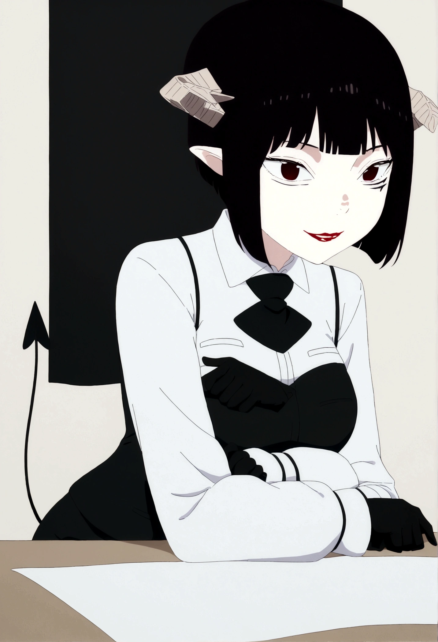 work of art, best qualityer, ultra detali, illustration, colorfully, flat colour, Depth of field, 1 girl, sitting down, Bblack hair, horns on head, Eyes red, , gazing at viewer, in the office, black business dress, pantyhose, black pantyhose, Detailed texture skin, detailed cloth texture, beautifull detailed face,Grinning,face red