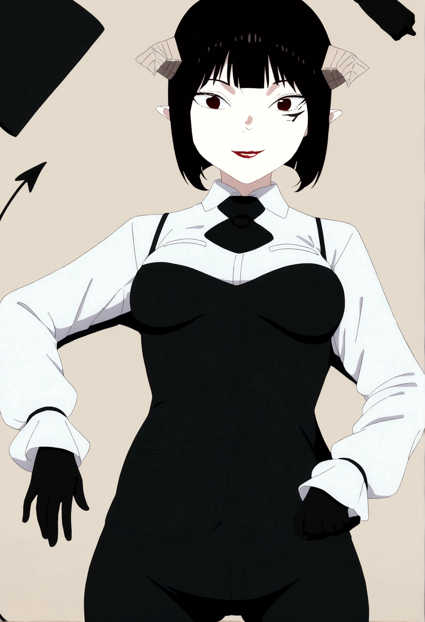 work of art, best qualityer, high resolution, 1girl horns short hair demon tail, white shirt black ascot black gloves black pants black vest , sheet, mao nos lips,beautiful smile,shining eyes,desk