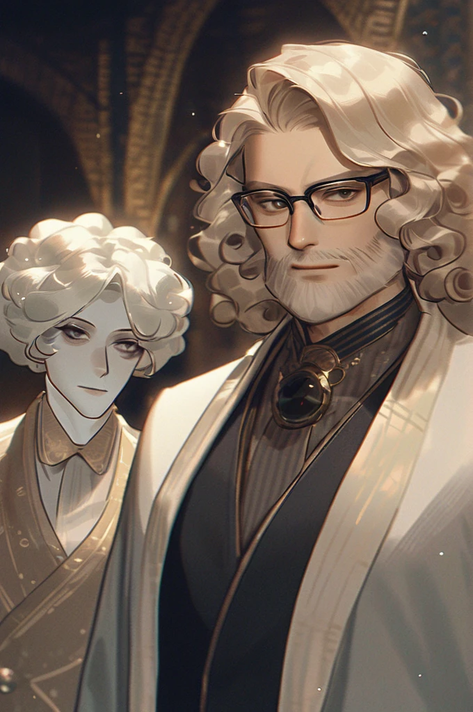 ((Лучшее качество)), ((шедевр)), (подробный), Curly-haired guy with glasses and a beard