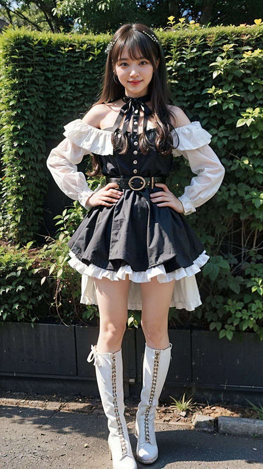 (8K、RAW Photos、Highest quality、masterpiece:1.2)、(Realistic、Realistic)、1 Girl、((mini skirt、Black and white、Thin legs、whole body、boots、Clothes with ribbons、Anime Costumes、Chest ribbon、Off the shoulder、See-through、Frills、garden、smile、View from the front、Ribbon on chest、Looking into the camera、belt、Stand with hands on hips))、