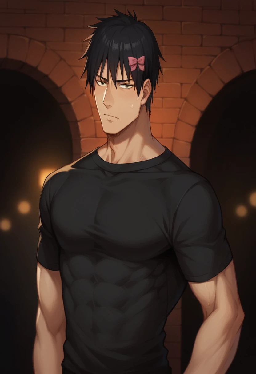 a man with a pink bow standing in front of a brick wall,  hijikata toushirou of gintama, shuushuu anime image, muscular!!, okata kazuto, muscular!, kentaro miura style, miura kentaro style