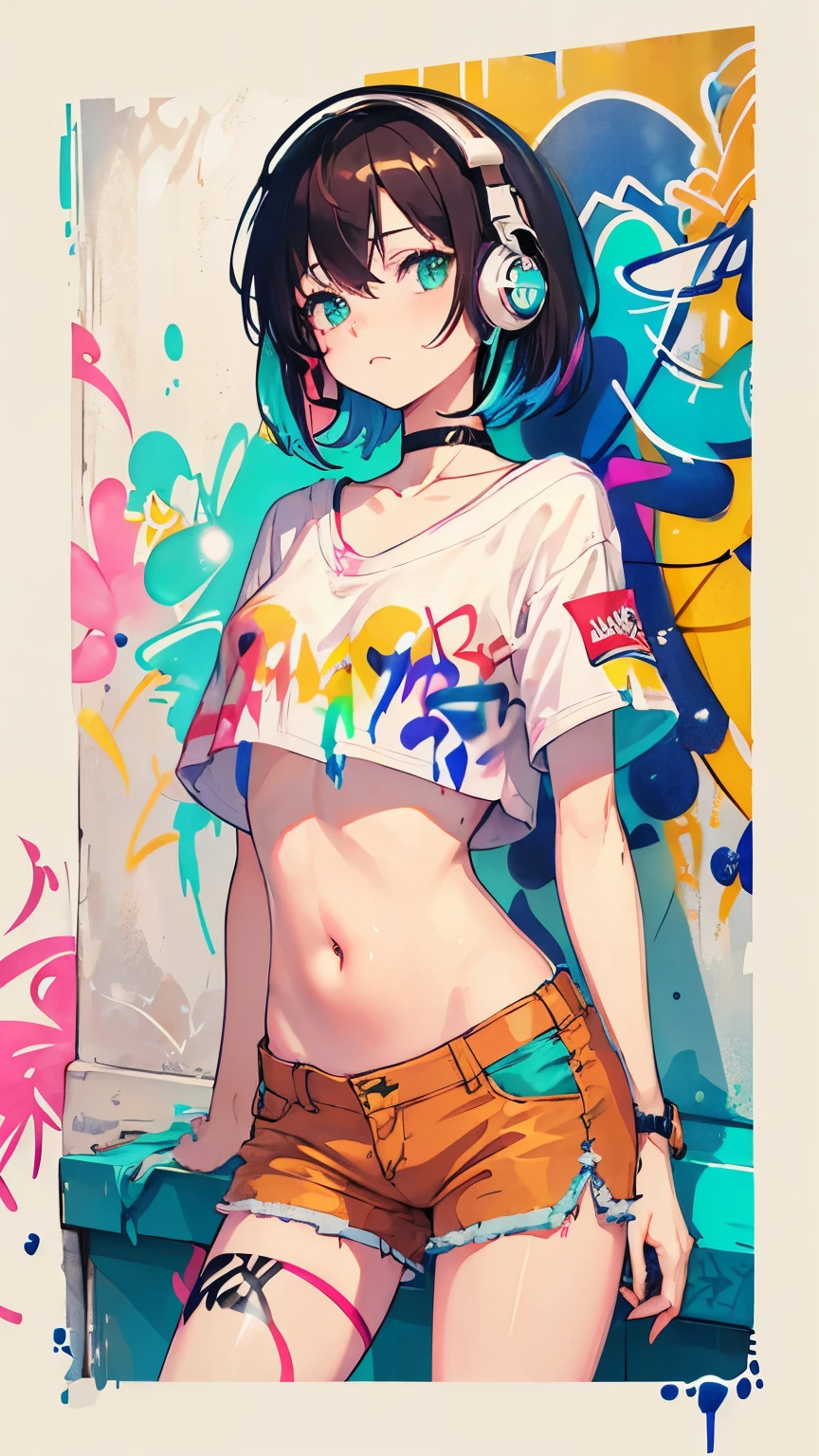 masterpiece, best quality, 1girl, solo, crop top, denim shorts, choker, (graffiti:1.5), paint splatter, arms behind back, against wall, looking at viewer, armband, thigh strap, paint on body, head tilt, bored, multicolored hair, aqua eyes, headset,non gender anime person in slim body with an outfit of yellow sweater with pink polkadot bubble design, and blue and green pants, psycho, cool pose, left crab arms, zooble, cool sit pose, pink short messy hair, abstract triangular shapes, clown vibe
