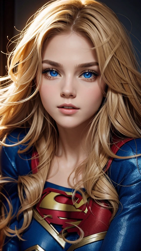 The character Supergirl, extremely beautiful face, perfect red and blue costume, traditional "S" ,, extremely beautiful blue eyes, perfect blond hair, smooth curves...