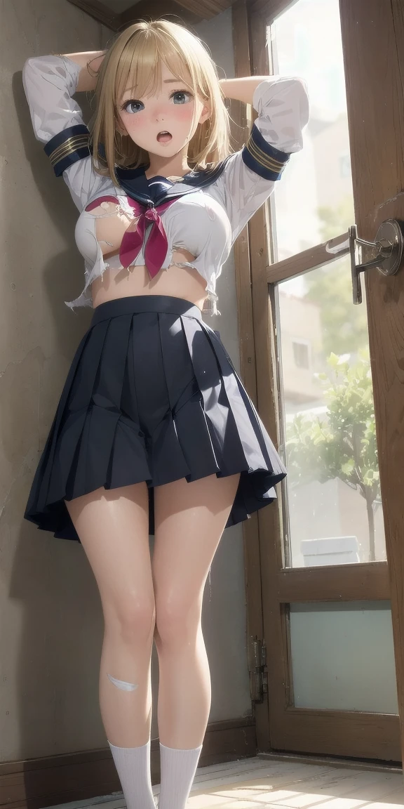 Realistic, indoor、Small window、 1 wall, Wide-angle,One Girl, Blonde、Shortcuts、shy, Embarrassing, Blushed, (Completely torn costume:1.5), Underground Prison、Humiliated, Embarrassing,( surprised:1.3), The expression of ecstasy、Wide-angle, throw, From below, high school girl、、Sailor suit、the dildo is on the floor、2. Raise your hand,Handcuffs on both hands、Raise your arms above your head、 Hands tied to the wall, Leaning against a wall, 、Pleated mini skirt、(Torn clothes)、Big Breasts, Light, Shine, (masterpiece), wallpaper
