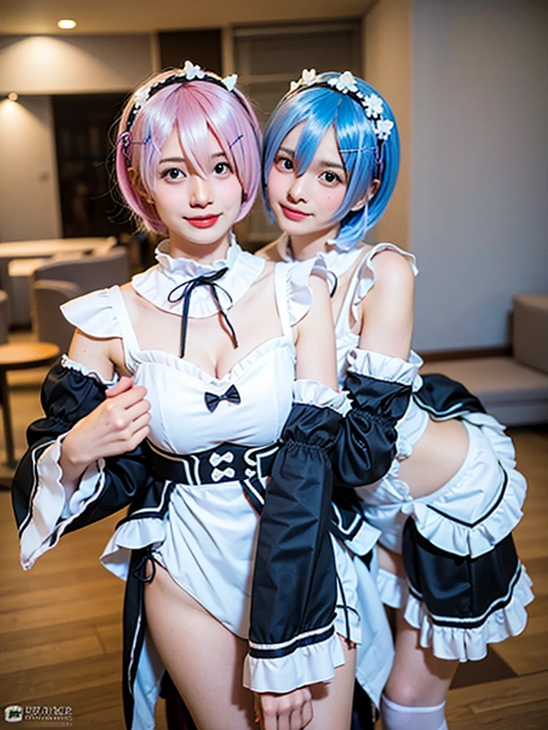 (8K, Photorealistic, Raw photo, of the highest quality: 1.3), (1girl in), Super beautiful, (Realistic face), (boyish, Silver Color berry Shorthair), beautiful , Glare that captivates the viewer, beautiful expression, beautiful breasts, (Realistic skin), be...Create a detailed and colorful image of Ram and Rem from Re:zero, standing back-to-back in their blue swimsuits、Pink bikini swimsuit、へそ出しwith a magical fantasy background、14years old, two girls,cute, perfect face, beautiful, nice body, boots, double eyelids, tear bags, Detailed down to the fingers, photo-like description, indoors, dim indoor lighting, one girl is pink hair and short bob, another girl is light blue hair and short bob,standing, whole body, composition that shows the whole body, smiling,The Both of them are wearing the same type of 水着