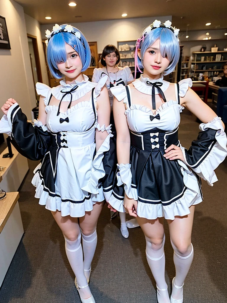 (8K, Photorealistic, Raw photo, of the highest quality: 1.3), (1girl in), Super beautiful, (Realistic face), (boyish, Silver Color berry Shorthair), beautiful , Glare that captivates the viewer, beautiful expression, beautiful breasts, (Realistic skin), be...Create a detailed and colorful image of Ram and Rem from Re:zero, standing back-to-back in their blue swimsuits、Pink bikini swimsuit、へそ出しwith a magical fantasy background、14years old, two girls,cute, perfect face, beautiful, nice body, boots, double eyelids, tear bags, Detailed down to the fingers, photo-like description, indoors, dim indoor lighting, one girl is pink hair and short bob, another girl is light blue hair and short bob,standing, whole body, composition that shows the whole body, smiling,The Both of them are wearing the same type of 水着