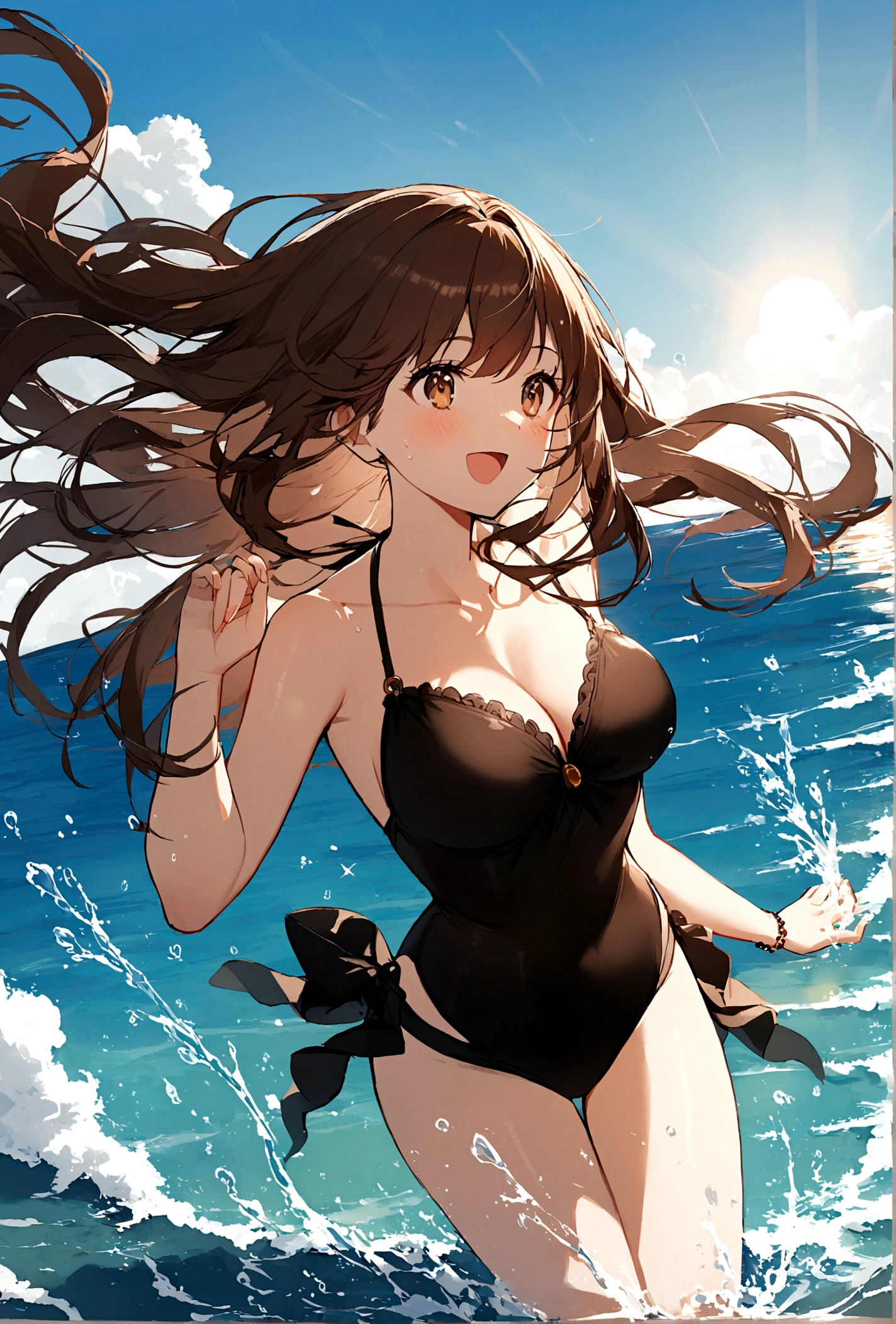 One girl,summer,Brown long hair,Long hair sparkling in the sun,Wearing a black swimsuit,Have a tall size cafe latte,Seaside,Splashes are flying