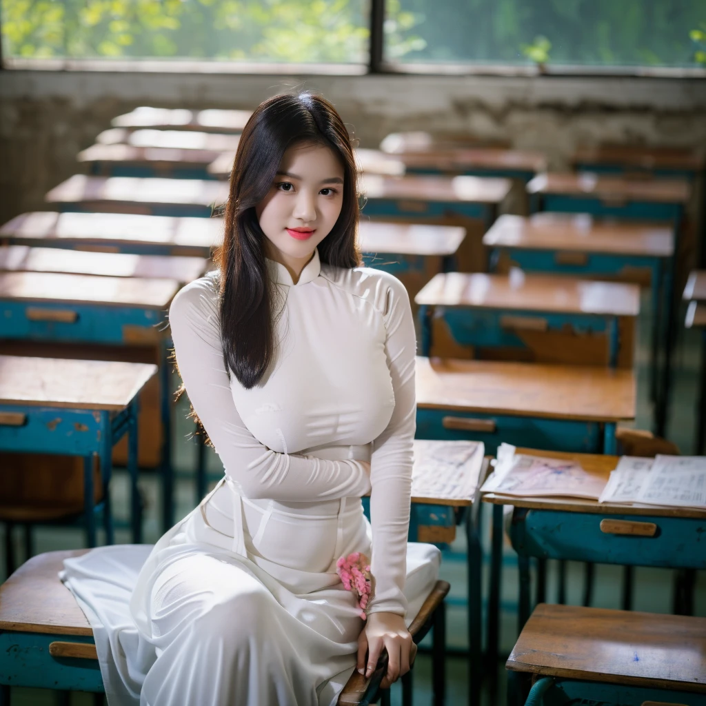 ((Ao Dai, big breasts, beautiful breasts, sitting on a chair in the classroom, 8k quality photo with good details))