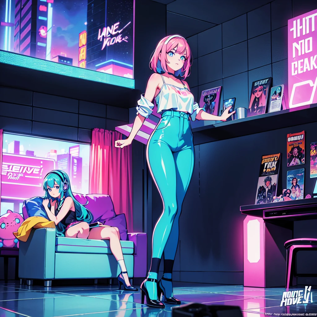 (masterpiece), Highest quality, Expressive eyes, Neon pastel aesthetics, Retro 90s, Neon color,((Girl sitting on sofa,In a cozy room,Records hanging on her wall, Comic books on the floor, Looking out the window behind her at the night city, Upholstered room, Anime figures lined up on a shelf)), Wearing headphones, (All around her it sparkles), (Wearing high socks and heels), (blue eyes), (Soft look), (Synthwave Art Style), Colorful Hair, Desk with PC set up