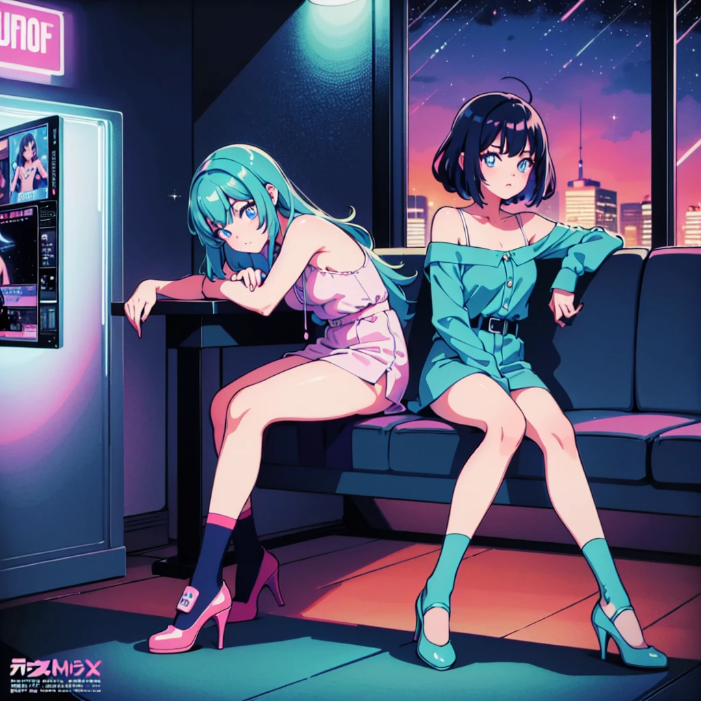 (masterpiece), Highest quality, Expressive eyes, Neon pastel aesthetics, Retro 90s, Neon color,((Girl sitting on sofa,In a cozy room,Records hanging on her wall, Comic books on the floor, Looking out the window behind her at the night city, Upholstered room, Anime figures lined up on a shelf)), Wearing headphones, (All around her it sparkles), (Wearing high socks and heels), (blue eyes), (Soft look), (Synthwave Art Style), Colorful Hair, Desk with PC set up