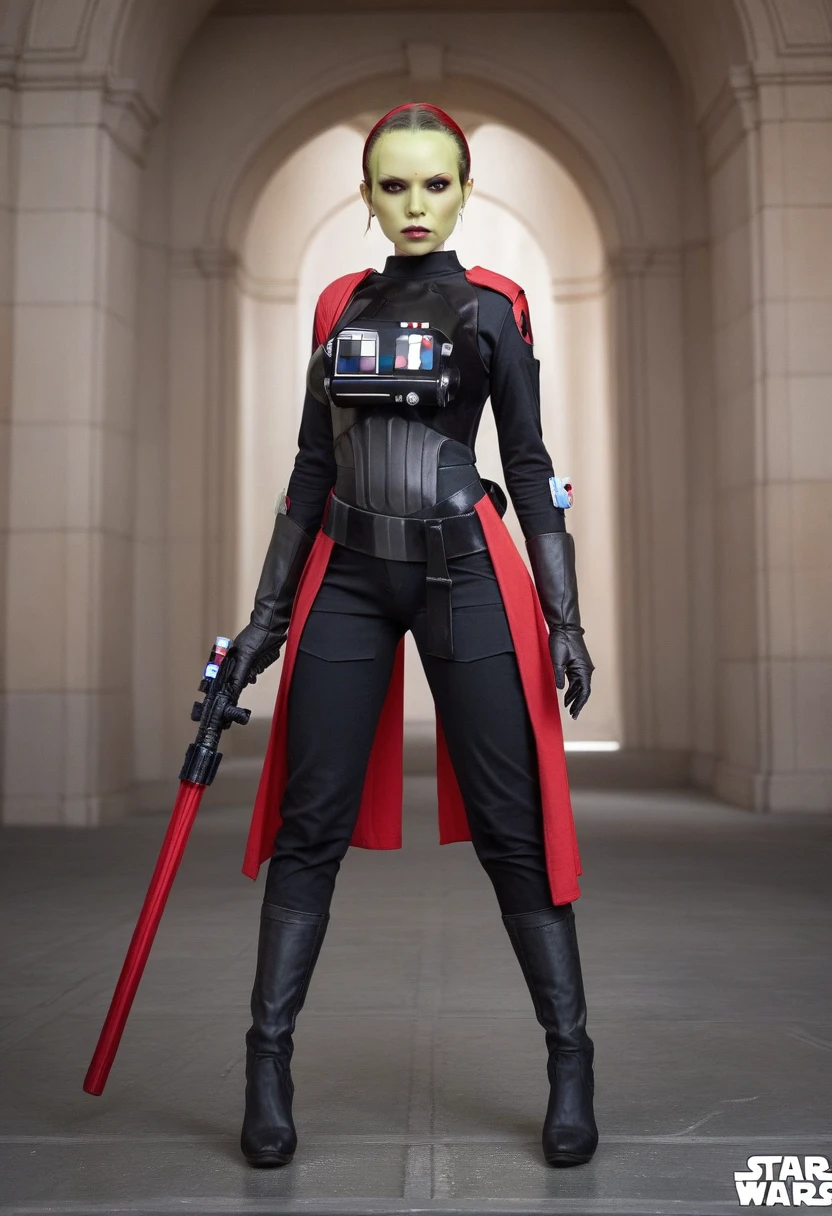 score_9, score_8_up, score_7_up, score_6_up, 2d, rating_questionable, rating_safe, BREAK ((green skin)) Female Twi'lek (((hera syndulla ))), helmet with red visor, star wars, armor,black gloves,tight bodysuit,black cape,black pants, close up, solo, standing, front view, medium breasts, wide hips, holding lightsaber, double edged, action pose, red blade, indoors, sith base, science fiction,
