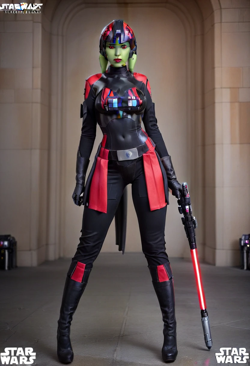 score_9, score_8_up, score_7_up, score_6_up, 2d, rating_questionable, rating_safe, BREAK ((green skin)) Female Twi'lek (((hera syndulla ))), helmet with red visor, star wars, armor,black gloves,tight bodysuit,black cape,black pants, close up, solo, standing, front view, medium breasts, wide hips, holding lightsaber, double edged, action pose, red blade, indoors, sith base, science fiction,
