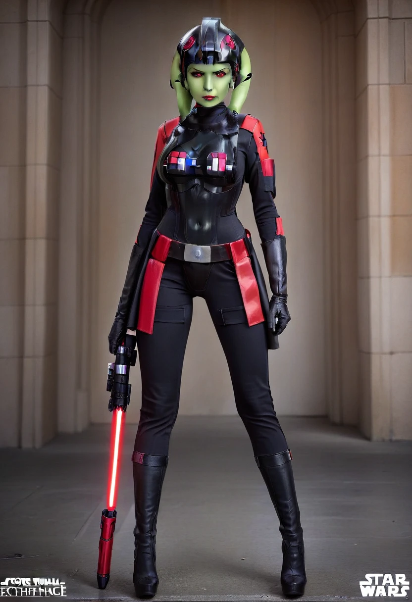 score_9, score_8_up, score_7_up, score_6_up, 2d, rating_questionable, rating_safe, BREAK ((green skin)) Female Twi'lek (((hera syndulla ))), helmet with red visor, star wars, armor,black gloves,tight bodysuit,black cape,black pants, close up, solo, standing, front view, medium breasts, wide hips, holding lightsaber, double edged, action pose, red blade, indoors, sith base, science fiction,
