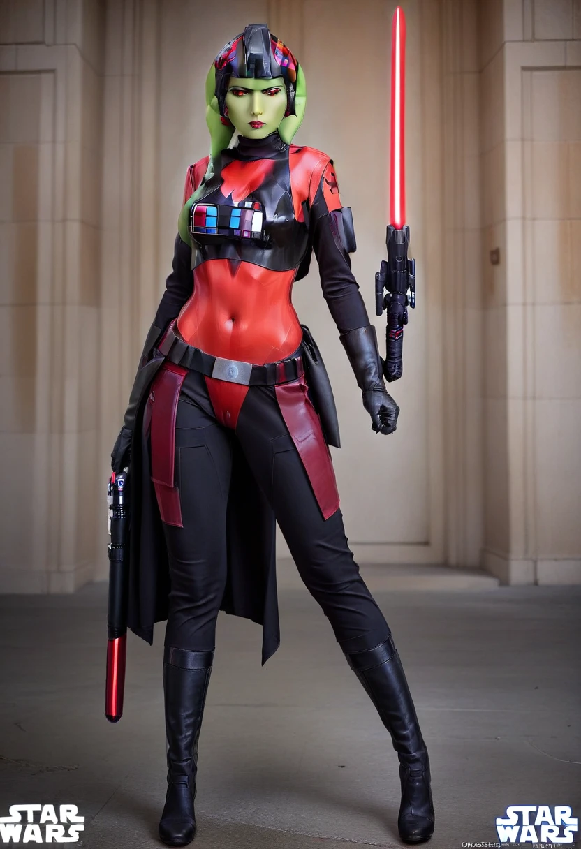 score_9, score_8_up, score_7_up, score_6_up, 2d, rating_questionable, rating_safe, BREAK ((green skin)) Female Twi'lek (((hera syndulla ))), helmet with red visor, star wars, armor,black gloves,tight bodysuit,black cape,black pants, close up, solo, standing, front view, medium breasts, wide hips, holding lightsaber, double edged, action pose, red blade, indoors, sith base, science fiction,
