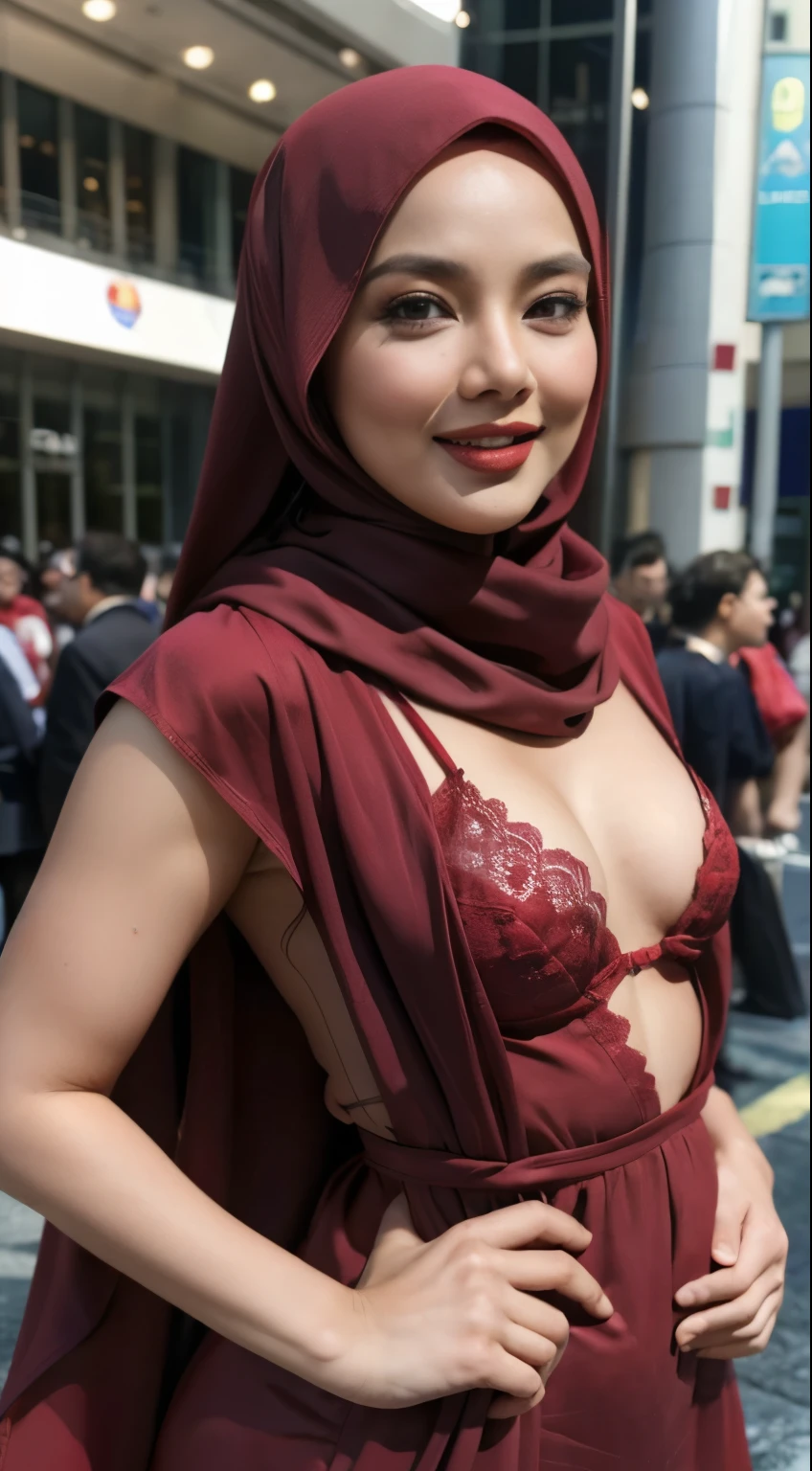 Coats, Shiny Breasts, ((RED HIJAB)), ((62 years old)), "Plumpers", ("CATWALK NAKED"), "G-String & Thong", "Oki Setiana Dewi", ("NAKED SHOW"), Chubby Wearing Red Lace Bra & Underware, "Facial expression in Happy Smile", "Rainbow", "Red Lips", "Bokeh", "Very Happy facial reaction", (Small Breasts Tits), ((Outdoor' Background Kuala Lumpur Convention Centre)), full body, Background of KLCC, side